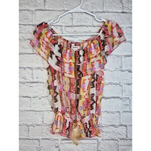 Bongo Boho Off the Shoulder Ruffle Top Large Y2K Festival Feather Chevron Ikat.
